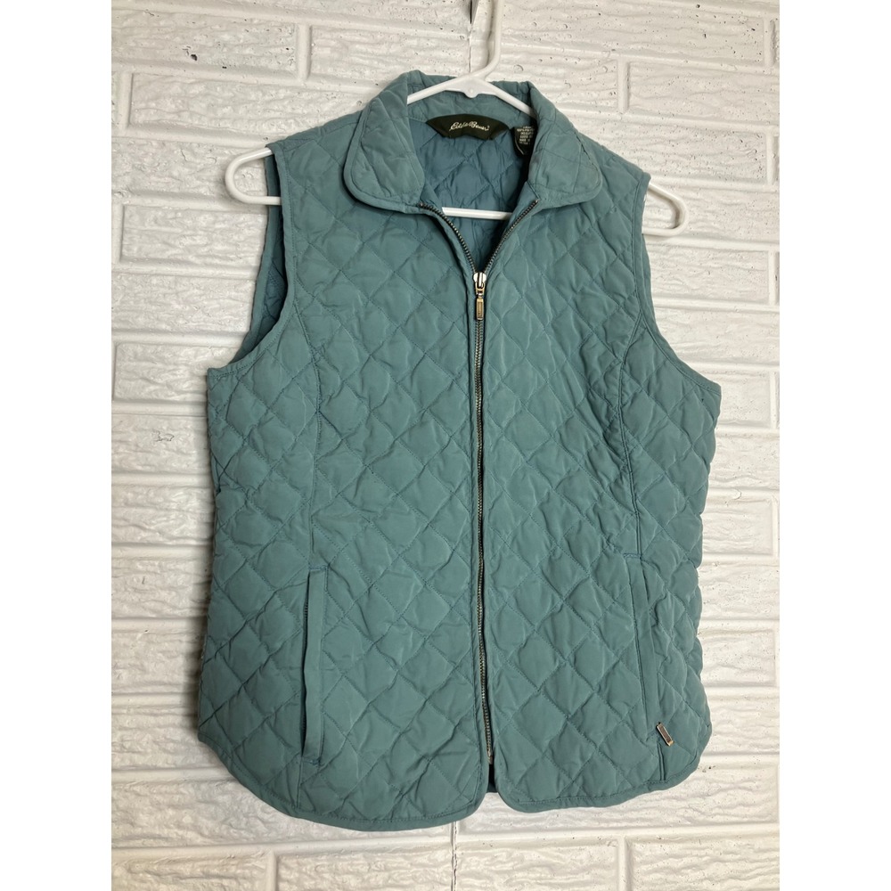 Eddie Bauer Quilted Down Vest Womens Small Teal Blue Excellent Full Zip Layering